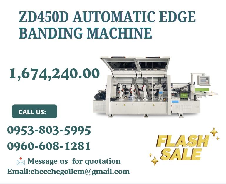 ZD450D Automatic Edge Banding Machine (Category: Everything Else Others) located in Caloocan City. Submitted by 09513227950 (Listing ID 1466161529, Image 1). Description: ●Type ZD450D ●Banding tape thickness 0.4-3 mm ●Banding tape width 12-65 mm ●Work piece thickness 10-60 mm ●Work piece length >=100 mm ●Work piece width >=50 mm ●Heating power 1.8 KW ●Feeding motor power 2.2 KW ●Glue spreading power 0.75 KW ●End trimming power 0.5 KW x 2 ●Rough t