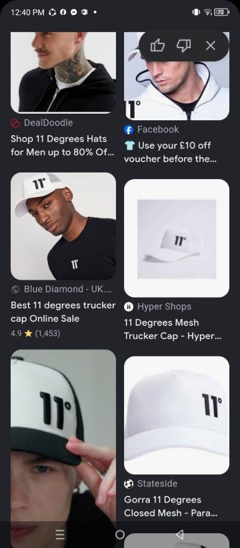 11 Degrees White Trucker Cap (Category: Caps & Hats) located in Irosin. Submitted by whanchore55263 (Listing ID 1466382439, Image 2). Description: - Brand: 11 Degrees - Color: White with classic bold logo - Material: Cotton and polyester blend (Made in Vietnam) - Features: Breathable mesh back panel and adjustable snapback closure - Condition: Shows yellowing and stains around the inner sweatband and brim edges due to wear - Perfect for casual st