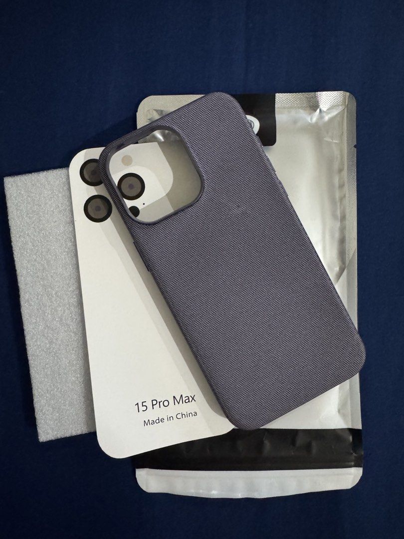 15 Pro Max Magnetic Woven Texture Phone Case (Category: Cases & Sleeves) located in Cavite. Submitted by araja____7 (Listing ID 1466440502, Image 1). Description: Brand: Sanptoch - Model: iPhone 15 Pro Max - Type: Magnetic Woven Texture Phone Case - Color: Deep Purple - Features: Built-in MagSafe ring for wireless charging, textured woven finish for a secure non-slip grip - Condition: Brand new in sealed original packaging.