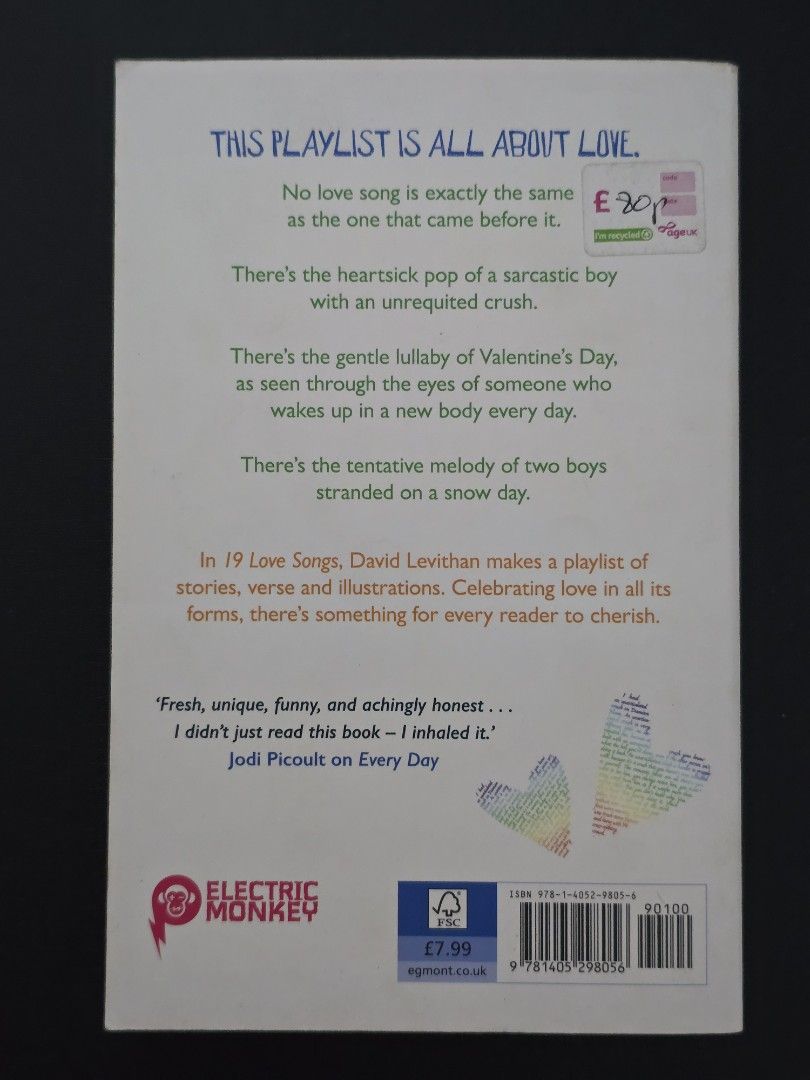 19 Love Songs by David Levithan (Category: Storybooks) located in Dasmarinas. Submitted by curatedreadsbykat (Listing ID 1466350705, Image 3). Description: ✨ Secondhand ✨ This is a preloved copy so kindly manage your expectations. May have flaws like dents, tanning, foxing, writings, etc. ✨ Kindly swipe left on the picture section of the listing to see the condition of the book..