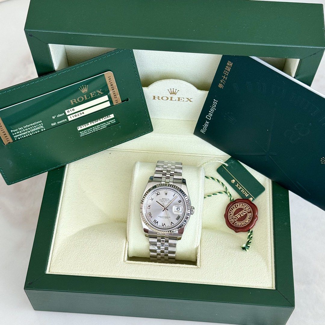 2013 Rolex Datejust 36 Silver Roman Dial Ref. 116234 (Category: Luxury Watches) located in San Juan City. Submitted by vpsantos (Listing ID 1466456486, Image 2). Description: 2013 Rolex Datejust 36 Silver Roman Dial Ref. 116234 -9.7/10 Excellent Condition -Local AD (2013) -36mm Case Size / 22 Links -Cal. 3135 Automatic Movement -Inclusions: Complete Box and Papers Price: P528,000.00 Only 📍All watches are open for viewing — Greenhills, San Juan C