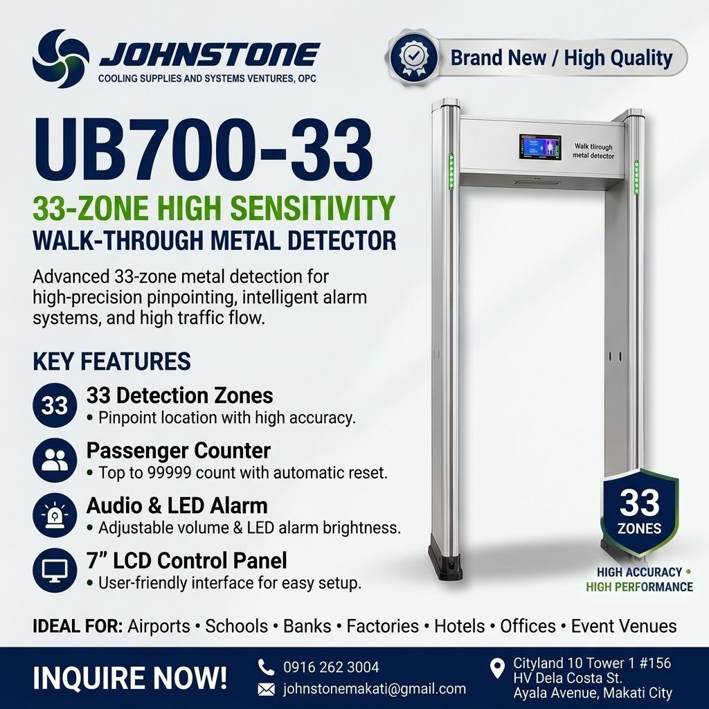 33 Detecting Zones WalkThrough Metal Detector UB700 (Category: Other Security Devices) located in Makati City. Submitted by one-shop.mkt (Listing ID 1466366722, Image 1). Description: "UNIQSCAN UB700-33 33-Zone Walk Through Metal Detector • 33 Independent Detection Zones • 1,000 Adjustable Sensitivity Levels • 7” LCD Touch Screen Control Panel • Audio & LED Alarm with Zone Location Indicator • Passenger & Alarm Counter • Overall Dimension: 2225(H