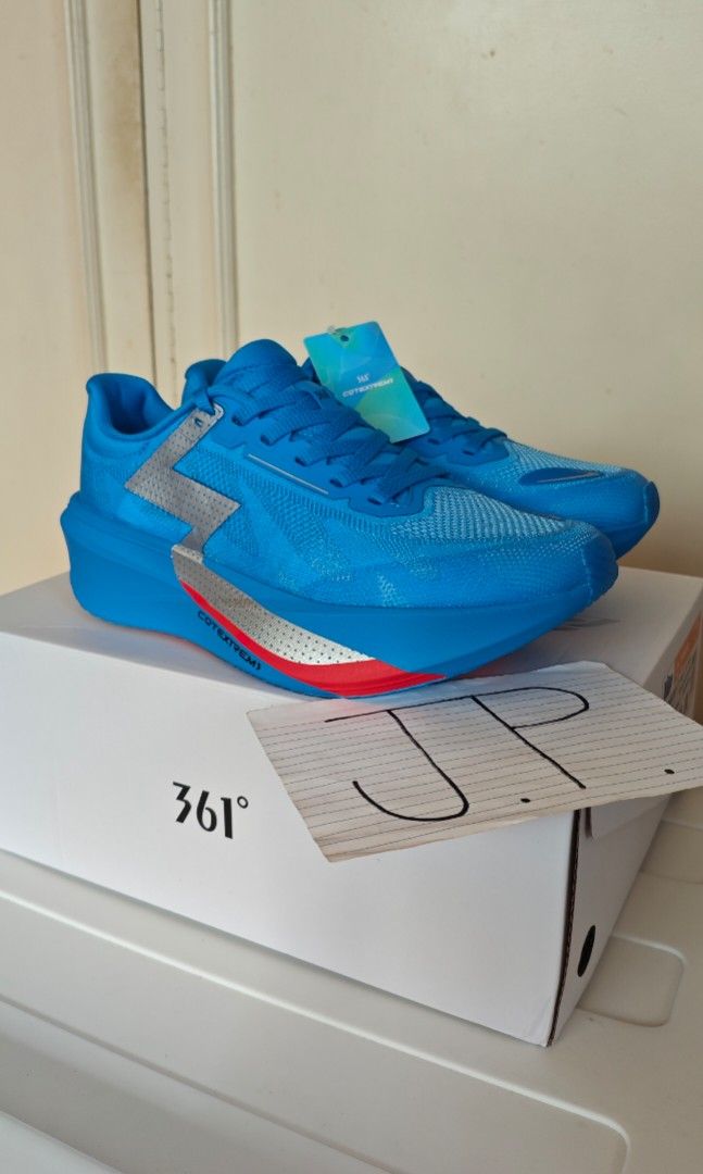 361 Degrees Mega 3 Pro Blue (BNEW) (Category: Casual Shoes) located in Muntinlupa City. Submitted by .j.p. (Listing ID 1466450688, Image 1). Description: *PLEASE READ* • Size: 6.5 US Men's / 24.5cm / 39 EU • Brand New w/ tag (only fitted) • ~172.8g per shoe incredibly light (last pic) • Complete w/ box, shoe inserts, tag, and papers • One of if not the best super trainer of the year • Comparable to Evo SL and Dynafish Xiaonian *Meetup at Madison 