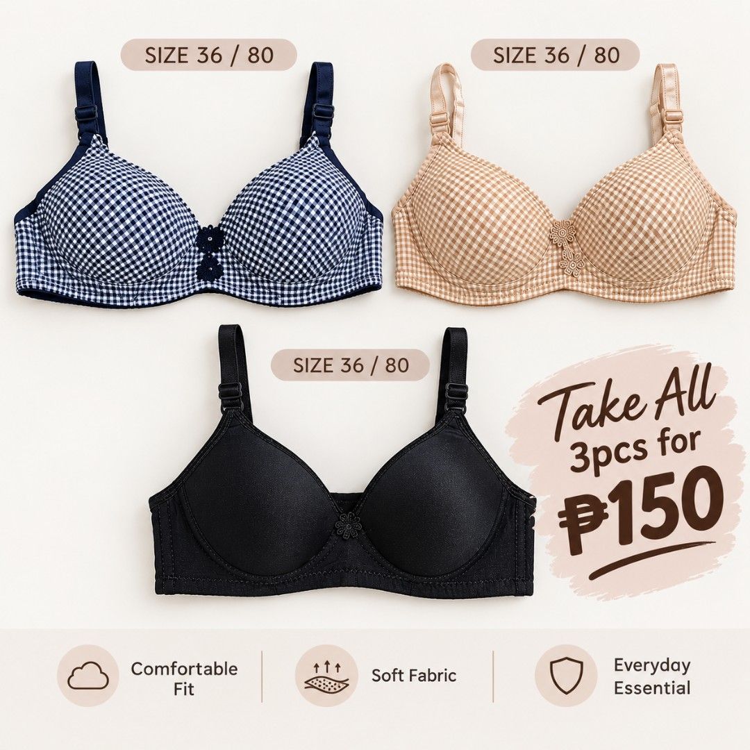 3 pcs Bra for 150 pesos (Category: Activewear) located in General Trias. Submitted by abbyprelovesclothing-2025 (Listing ID 1465509247, Image 1). Description: Hindi pa gamit Size 36/80.