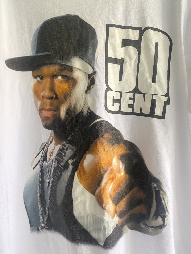50 Cent Bootleg T-Shirt Y2k (Category: Tshirts & Polo Shirts ) located in Rizal. Submitted by kenrick_2003 (Listing ID 1466363964, Image 2). Description: High Quality Silk Print Size: Large Width: 22 Length: 29 Cotton 💯 Condition: may mga stains, removable naman. Bought from subtle grace srp 1,500 Php.