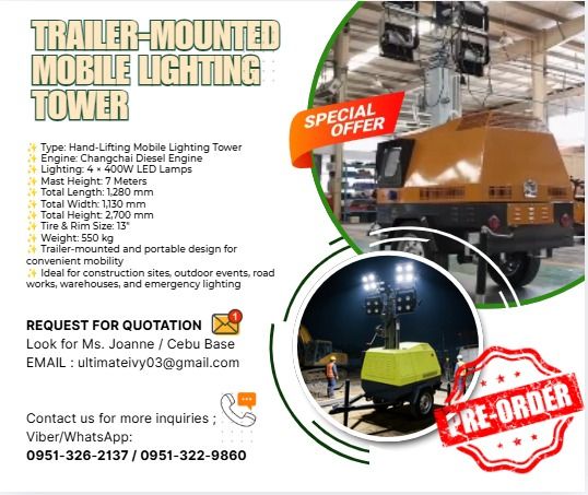 💡 Trailer-Mounted Mobile Lighting Tower for Sale (Category: Construction Tools & Equipment) located in Caloocan City. Submitted by cleverdog_5a203a (Listing ID 1466366167, Image 1). Description: ✨ Type: Hand-Lifting Mobile Lighting Tower ✨ Engine: Changchai Diesel Engine ✨ Lighting: 4 × 400W LED Lamps ✨ Mast Height: 7 Meters ✨ Total Length: 1,280 mm ✨ Total Width: 1,130 mm ✨ Total Height: 2,700 mm ✨ Tire & Rim Size: 13" ✨ Weight: 550 kg ✨ Traile