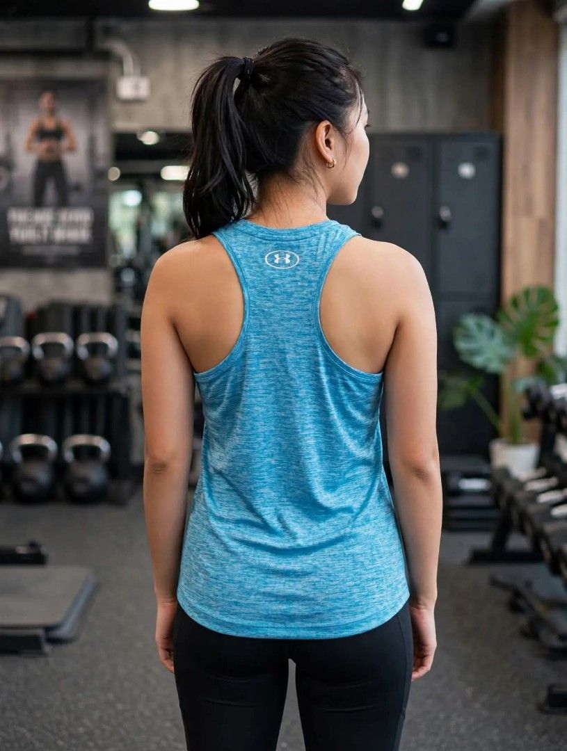 💙 Under Armour Heather Blue Tank - LONG VERSION (Category: Activewear) located in Manila. Submitted by jollyann_b1990 (Listing ID 1466417411, Image 2). Description: Size: M (oversized fit, can fit Large) Length: Long / tunic - pang cover ng puwet pag naka leggings! Condition: 9.5/10 No flaws, like new Fabric: Drifit / breathable / stretchy / heather texture Details: Small UA logo front + oval UA logo sa likod, racerback Best seller color! Fresh 