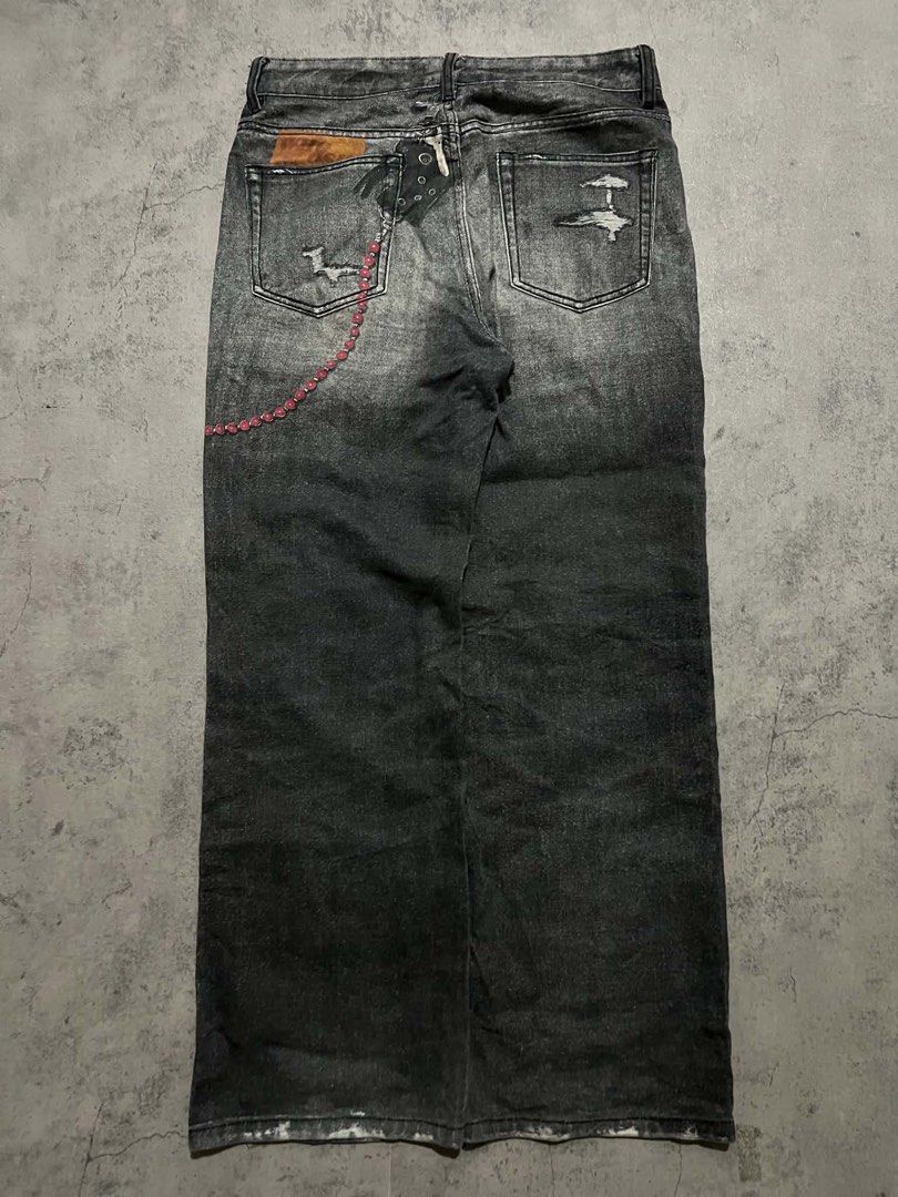 whoosis printed denim pants (Category: Jeans) located in Batangas. Submitted by yuellll (Listing ID 1460084999, Image 2). Description: Width:34 Length:42 Thigh:13 Hem:10.8 Color rate:10/10 Condition:10/10 Issue: N/A.