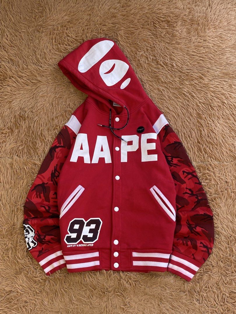 Aape red camou varsity jacket (Category: Coats, Jackets and Outerwear) located in Manila. Submitted by raversantos (Listing ID 1466485723, Image 3). Description: W-22 L-28 Issue: minimal scratch Color rate 10/10 PSG OUT! Excellent condition.