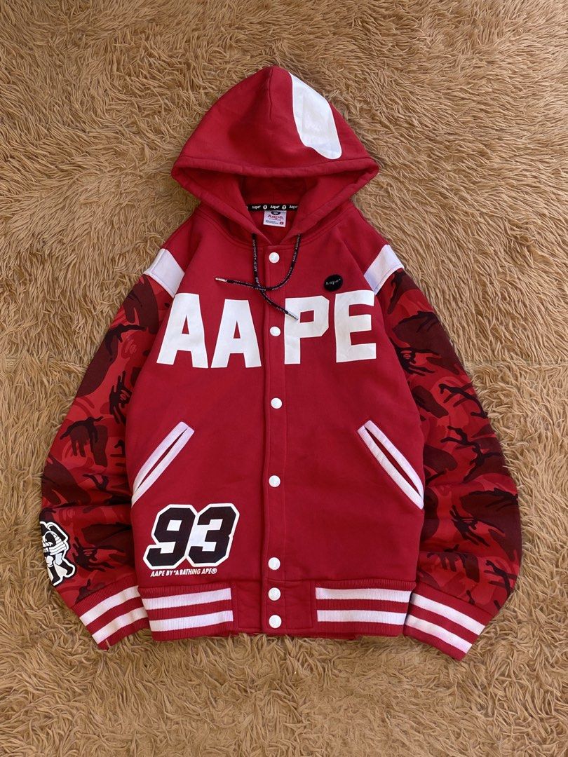 Aape red camou varsity jacket (Category: Coats, Jackets and Outerwear) located in Manila. Submitted by raversantos (Listing ID 1466485723, Image 1). Description: W-22 L-28 Issue: minimal scratch Color rate 10/10 PSG OUT! Excellent condition.