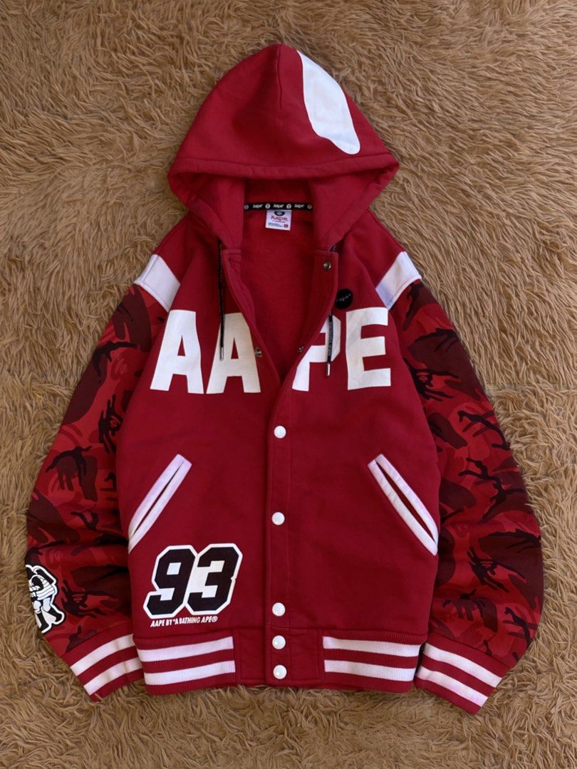 Aape red camou varsity jacket (Category: Coats, Jackets and Outerwear) located in Manila. Submitted by raversantos (Listing ID 1466485723, Image 2). Description: W-22 L-28 Issue: minimal scratch Color rate 10/10 PSG OUT! Excellent condition.