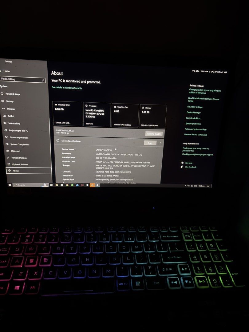 Acer Nitro 5 Gaming Laptop (Category: Laptops & Notebooks) located in Pasig City. Submitted by charlsmcdizz (Listing ID 1466358103, Image 1). Description: Acer Nitro 5 gaming laptop running Windows. Intel i5-10300H processor, NVIDIA GeForce RTX 2060 graphics card, 8GB RAM, and 1.38TB total storage. 144Hz Full HD screen. Backlit keyboard with numpad. Ports include HDMI and Ethernet. Shows dust and minor smudges on the chassis and screen, overall n