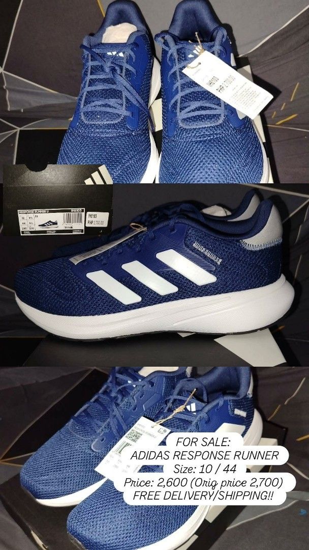 Adidas Response Runner Blue White Size 10 US (Category: Casual Shoes) located in Tabaco. Submitted by niteshift_wnic (Listing ID 1466497703, Image 1). Description: - Brand: Adidas Response Runner - Color: Blue with white stripes - Size: 10 US / 44 EUR - Condition: Brand new with original tag (Tagged at 2,700 PHP) - Features: Breathable mesh upper, secure lace-up closure, crisp white midsole, and durable dark rubber outsole - Inclusions: Original 