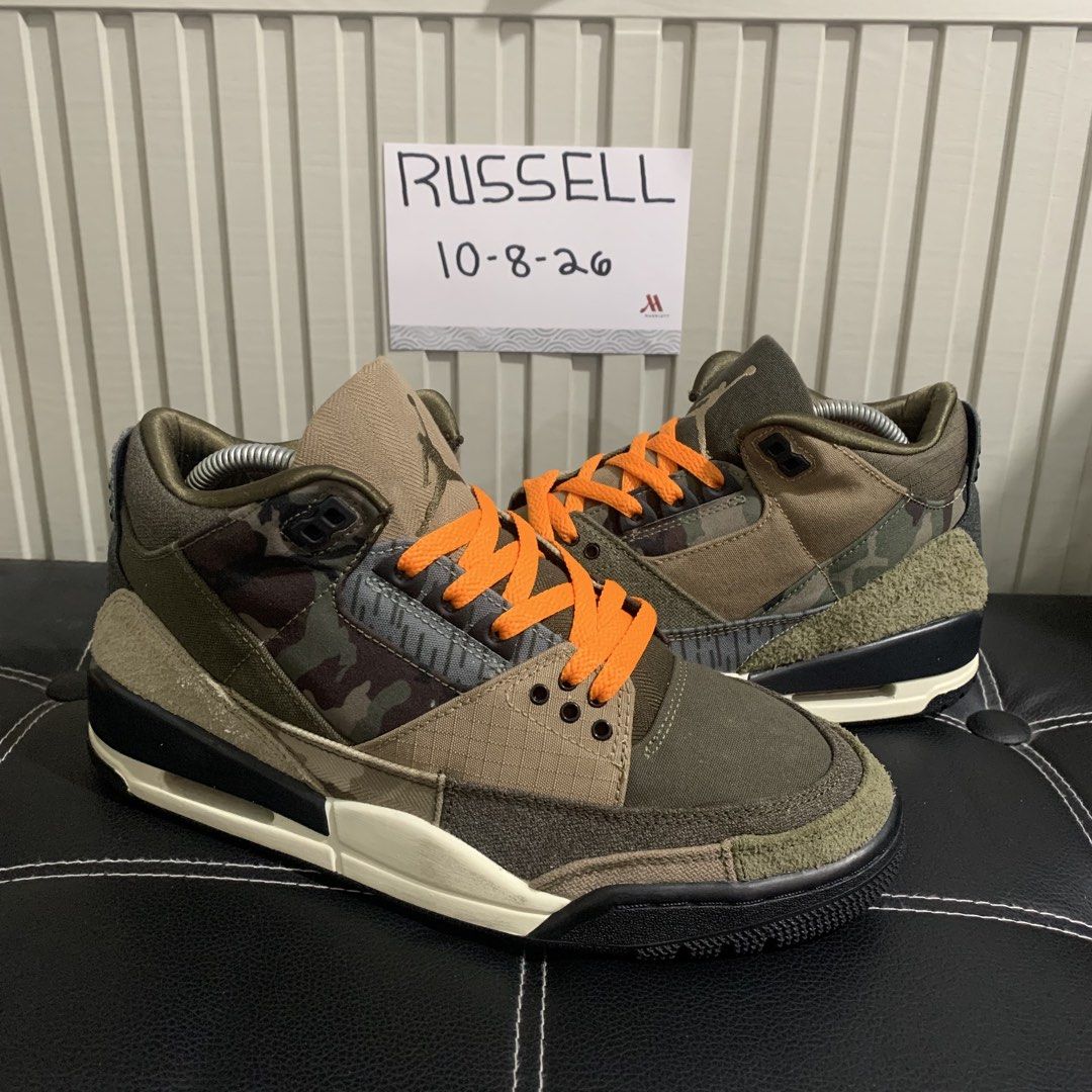 Air Jordan 3 Retro Patchwork Camo (Category: Sneakers) located in Taguig. Submitted by russell242 (Listing ID 1466539996, Image 1). Description: - Model: Air Jordan 3 Retro with rare camouflage panels - Materials: Premium canvas and suede upper with detailed contrast stitching - Accents: Vibrant orange laces and matching inner lining - Branding: Embroidered Jumpman logo on tongue and heel - Sole: Black/off-white midsole with visible Air unit and 