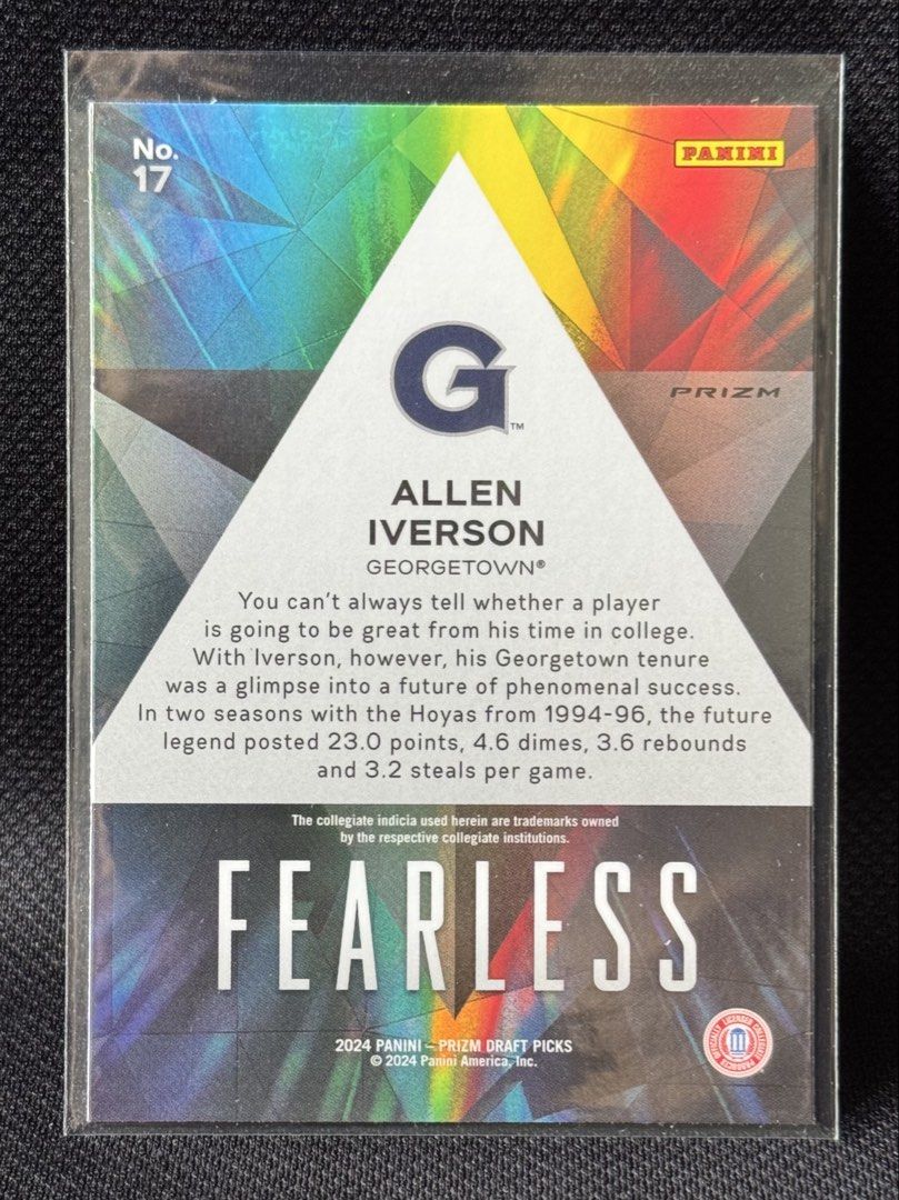 Allen Iverson Fearless Insert Silver 17 (Category: Raw Singles) located in Pila. Submitted by shift2. (Listing ID 1466394912, Image 2). Description: Cards are mint to nrmint Manage expectation for raw card bawal sa maselan Card with issue will be declared No refund once shipped Prices are subject to change based on recent ebay sale.