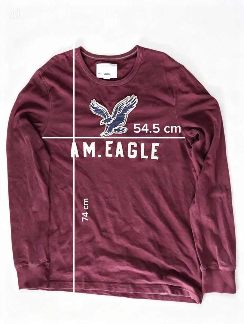 American Eagle Long Sleeve Shirt Maroon Size M (Category: Longsleeves) located in Manila. Submitted by swiftstorm.ace395 (Listing ID 1466379421, Image 2). Description: - Brand: American Eagle Outfitters - Item: Long sleeve tee - Color: Maroon - Size: M (Width: 54.5 cm, Length: 74 cm) - Material: 100% cotton body with acrylic-wool embroidered eagle logo - Fit: Relaxed fit with classic crew neck - Origin: Made in Vietnam - Condition: Excellent, tag