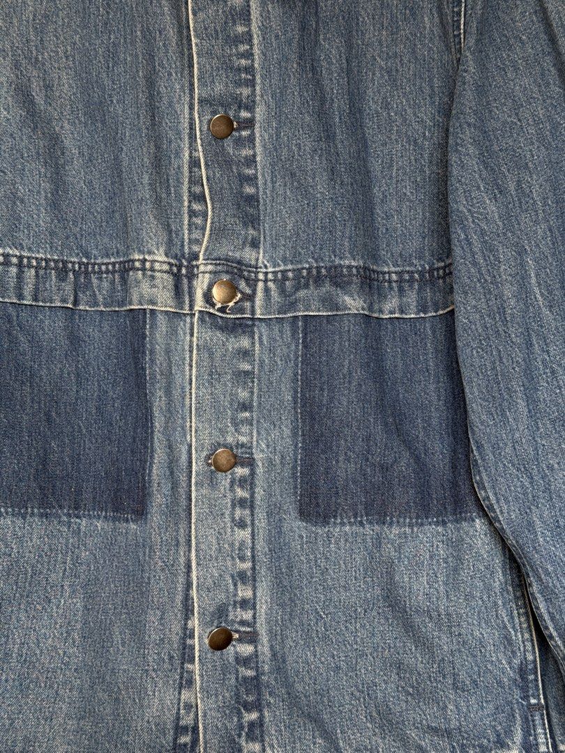 A.P.C. Rue Madame Paris Chore Denim Jacket (Category: Coats, Jackets and Outerwear) located in Quezon City. Submitted by dailydeclutter (Listing ID 1466416192, Image 2). Description: 27 inches length 20.5 pit to pit Brand: A.P.C. - Color: Classic blue wash with contrasting dark wash front pockets - Size: XS - Details: Button-up front, metal hardware, collar neck, long sleeves - Origin: Made in Macau - Condition: Clean fade with sturdy denim const