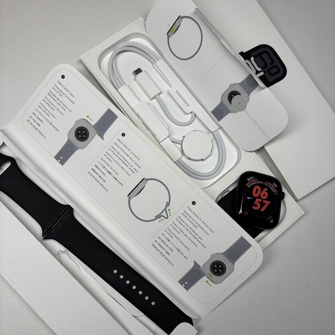 Apple Watch Series 10GPS 46mm (Category: Wearables & Smart Watches) located in Makati City. Submitted by dianedelro (Listing ID 1466475636, Image 1). Description: Apple Watch Series 10GPS 46mm Jet Black Aluminum case w/ Black sport band - M/L 100% Battery Capacity Warranty till 12/29/26 “UNUSED” Original charger Cord “UNUSED” Original Band With 2 Case & 1 Used Strap With Box & Receipt (The loop).