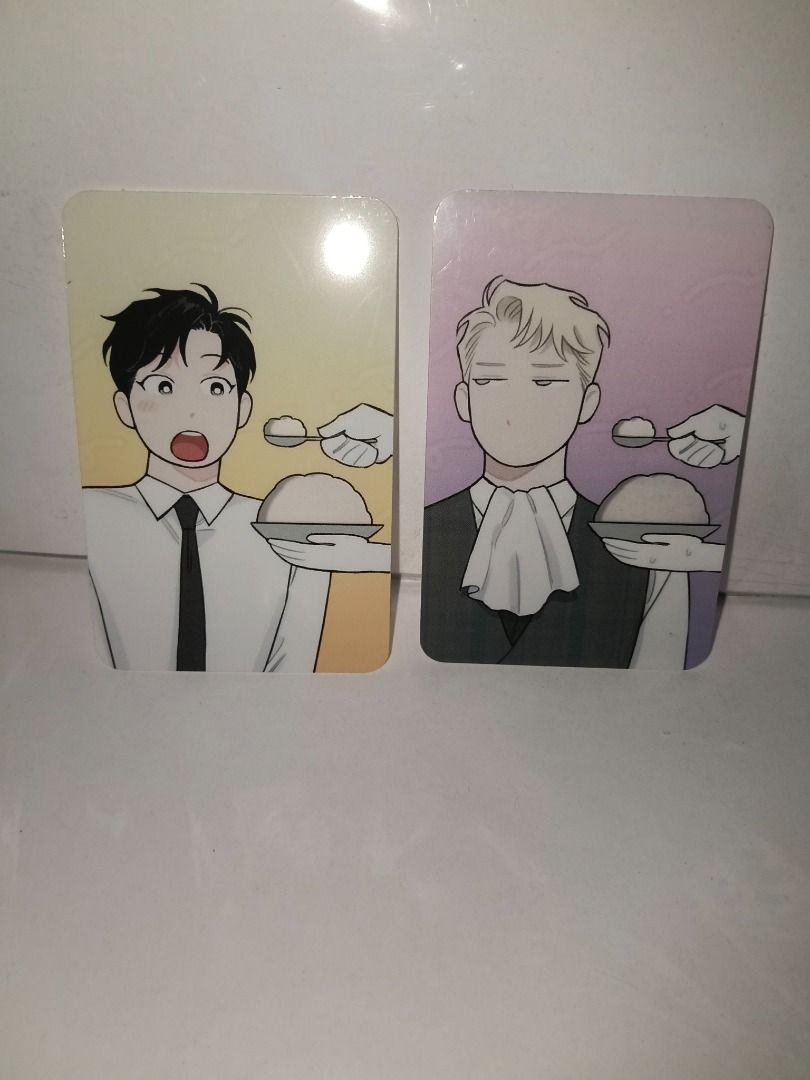 Assorted characters (Category: Raw Singles) located in Taytay. Submitted by fastphoenix_c87bb3 (Listing ID 1466496161, Image 1). Description: - Set of 2 character photocards - Design: Cartoon guys getting fed rice - Backgrounds: Yellow (left) and Purple (right) - Finish: Glossy - Condition: Mint, no scratches or bends - Storage: Kept in protective sleeves since day one - Selling as a set only Take set:150 negotiable .