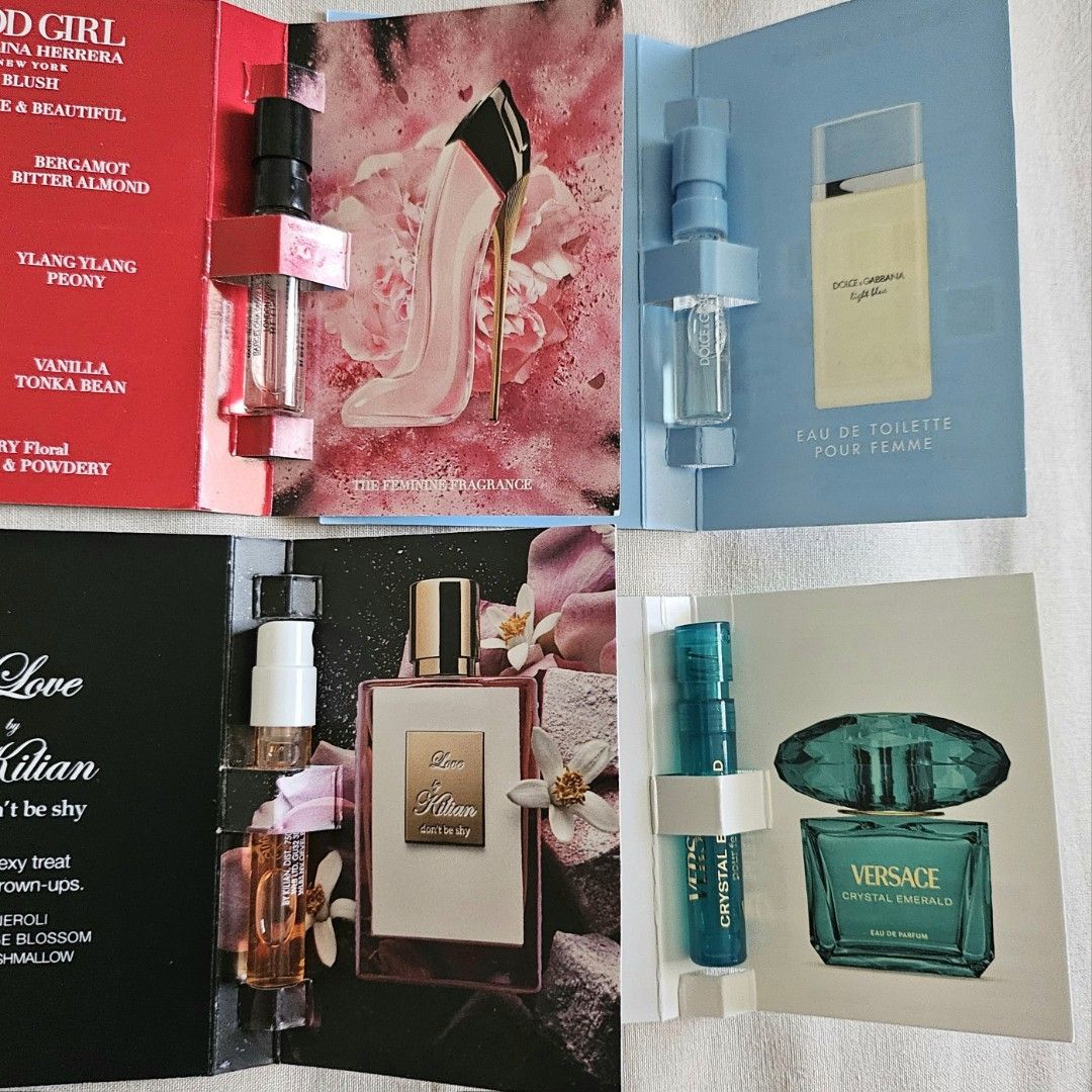 Assorted Designer Perfume Sample Cards (Category: Fragrance & Deodorants) located in Taguig. Submitted by mesimpleshop (Listing ID 1466415284, Image 1). Description: - Set of 4 designer fragrance sample cards - Scents included: Carolina Herrera Good Girl Blush, Dolce & Gabbana, Light Blue, Kilian Love Don't Be Shy, and Versace Crystal Emerald - Each card features a trial spray vial - 100% brand new and never sprayed - Ideal for testing scents bef