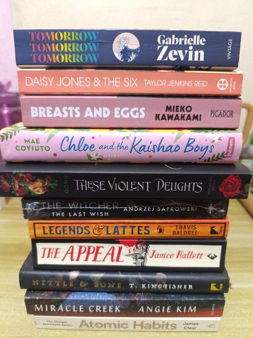 Books for sale! (Category: Storybooks) located in Pasig City. Submitted by sukiyakixo (Listing ID 1466353301, Image 1). Description: - Titles include: Tomorrow, Tomorrow, and Tomorrow 500 Daisy Jones & The Six 500 Breasts and Eggs 500 Chloe and the Kaishao Boys hardback 400 These Violent Delights (new) 400 The Witcher: The Last Wish (new with plastic) 500 Legends & Lattes 500 The Appeal 400 Nettle & Bone hardback 400 Miracle Creek 400 Atomic Habi
