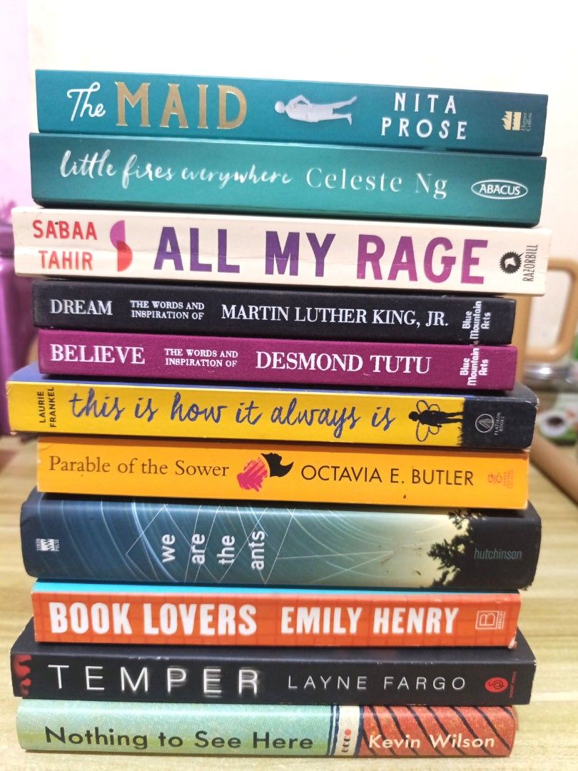 Books for sale! (Category: Storybooks) located in Pasig City. Submitted by sukiyakixo (Listing ID 1466353518, Image 1). Description: The Maid – Nita Prose 500 Little Fires Everywhere – Celeste Ng 400 All My Rage – Sabaa Tahir 400 Dream: The Words and Inspiration of Martin Luther King, Jr. – Blue Mountain Arts 100 Believe: The Words and Inspiration of Desmond Tutu – Blue Mountain Arts 100 This Is How It Always Is - 300 Parable of the Sower – 400 W
