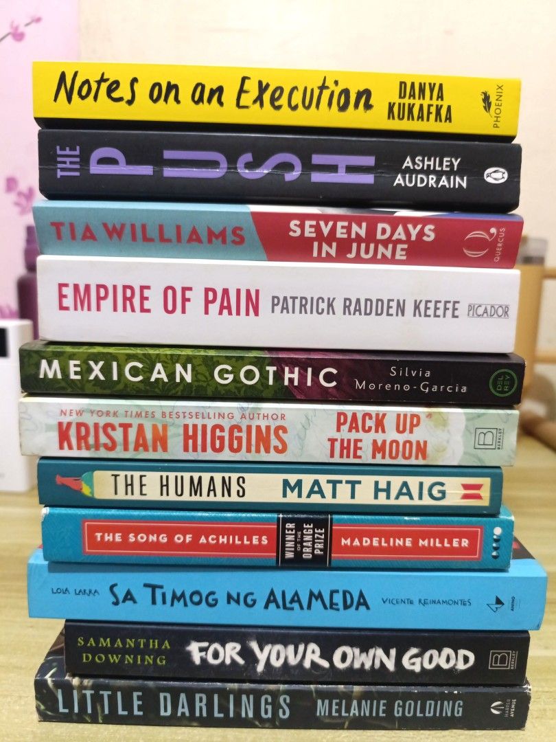 Books for sale! (Category: Storybooks) located in Pasig City. Submitted by sukiyakixo (Listing ID 1466356241, Image 1). Description: titles: Notes on an Execution 600 The Push 400 Mexican Gothic 500 The Song of Achilles 500 Empire of Pain 500 The Humans 400 Seven Days in June 500 Pack Up the Moon 500 Sa Timog ng Alameda 500 almost new, never read For Your Own Good 500 Little Darlings 300 - Condition: Pre-loved with foxing or spots due to storage 