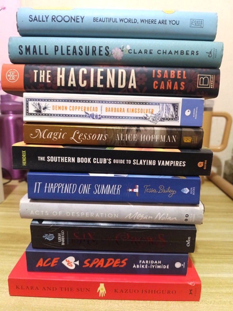 Books for sale! (Category: Storybooks) located in Pasig City. Submitted by sukiyakixo (Listing ID 1466355669, Image 1). Description: Titles: Beautiful World Where Are You hardback 500 Small Pleasures hardback sold The Hacienda hardback 600 Demon Copperhead almost new sold Magic Lessons 200 The Southern Book Club's Guide to Slaying Vampires 600 It Happened One Summer 400 Acts of Desperation hardback 500 Six of Crows 400 Ace of Spades 500 Klara and