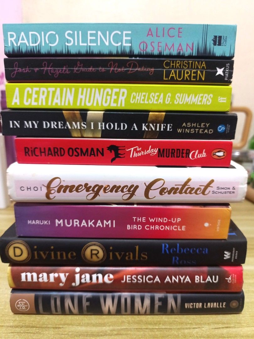 Books for sale! (Category: Storybooks) located in Pasig City. Submitted by sukiyakixo (Listing ID 1466354087, Image 1). Description: - Titles: Radio Silence 300 The Wind-Up Bird Chronicle 300 Divine Rivals hardback 500 The Thursday Murder Club 400 Lone Women hardback 600 Mary Jane hardback ( has one missing page) php 300 Emergency Contact hardback 250 In My Dreams I Hold a Knife 500 A Certain Hunger 500 Josh & Hazel's Guide to Not Dating (cracked