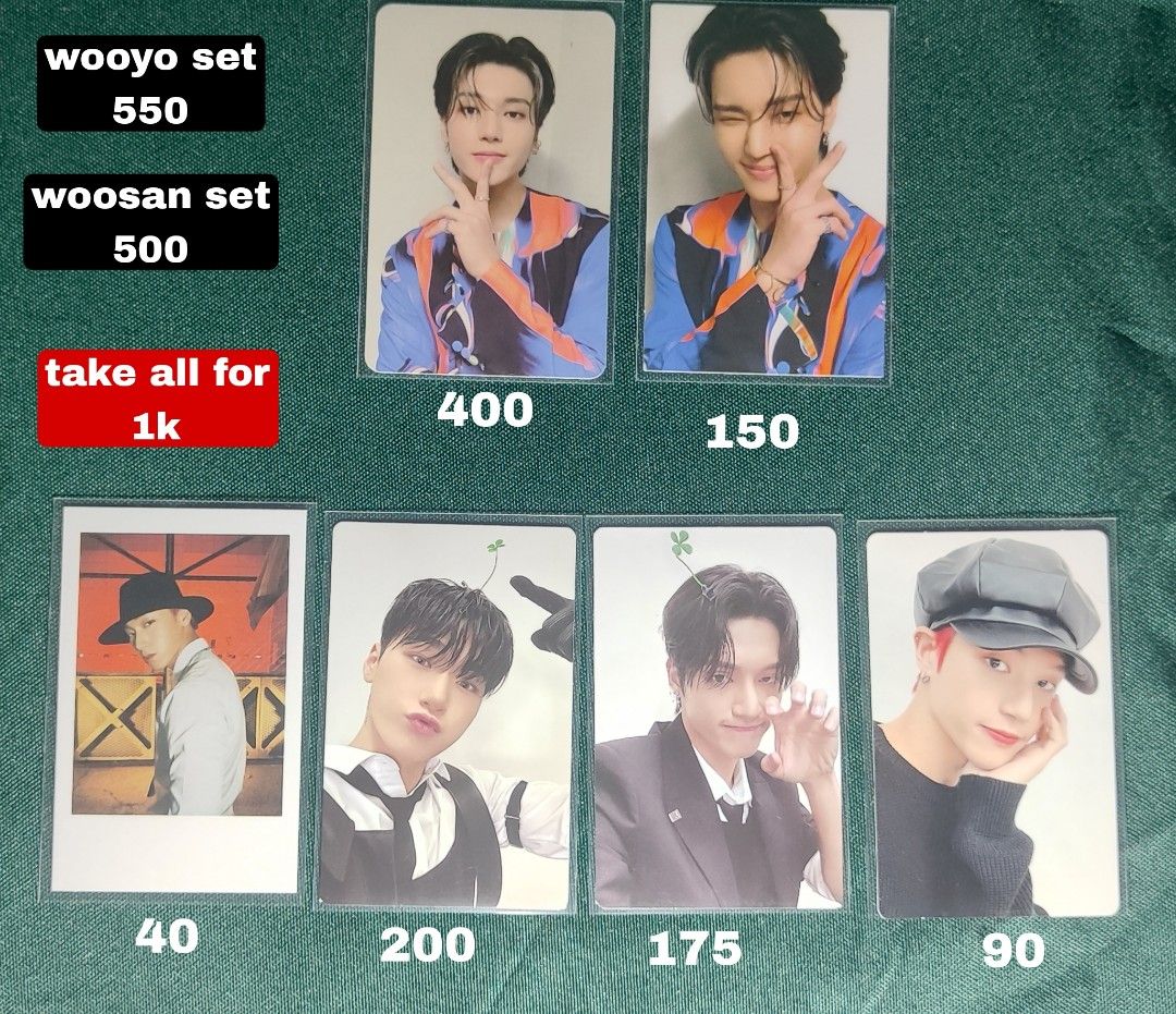 Ateez woosan photocards (Category: K-Wave Merchandise) located in Legazpi City. Submitted by tetengerine (Listing ID 1466518484, Image 1). Description: DESCRIPTION sets only, take all for 1k wooyoung set 550 fever pt 2 synnara pob san set 500 san sprout wooyoung sprout san fin:will pola wooyoung valenteez x sensi, all are well kept payo/ 3 days dop mop: gcash/mari mod: j&t loc: albay t. ateez atz hongjoong seonghwa yunho yeosang san mingi wooyoun