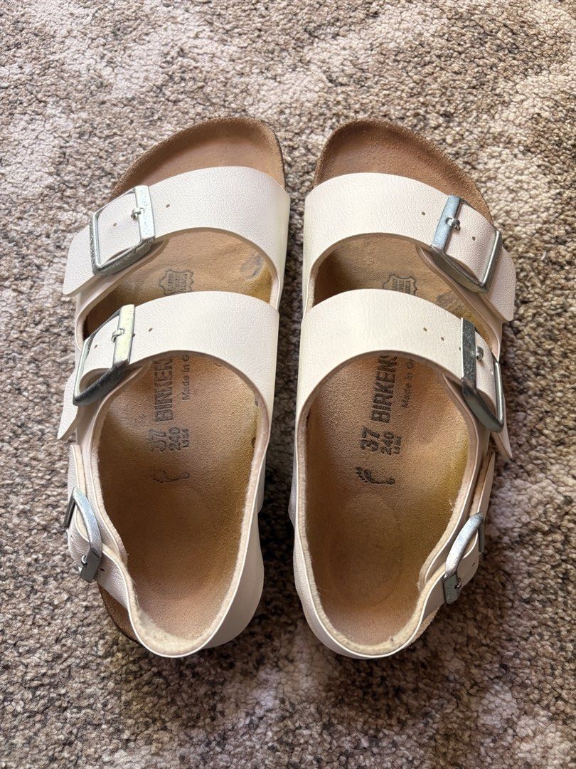 Auth Preloved Birkemstock Milano (Category: Slippers and slides) located in Paranaque City. Submitted by silentstone.dolphin (Listing ID 1466363478, Image 2). Description: White Strap.. Visible Print.. Size 37N.. Clean&Ready to use✅.. Super Pretty&Classy in Actual😍.