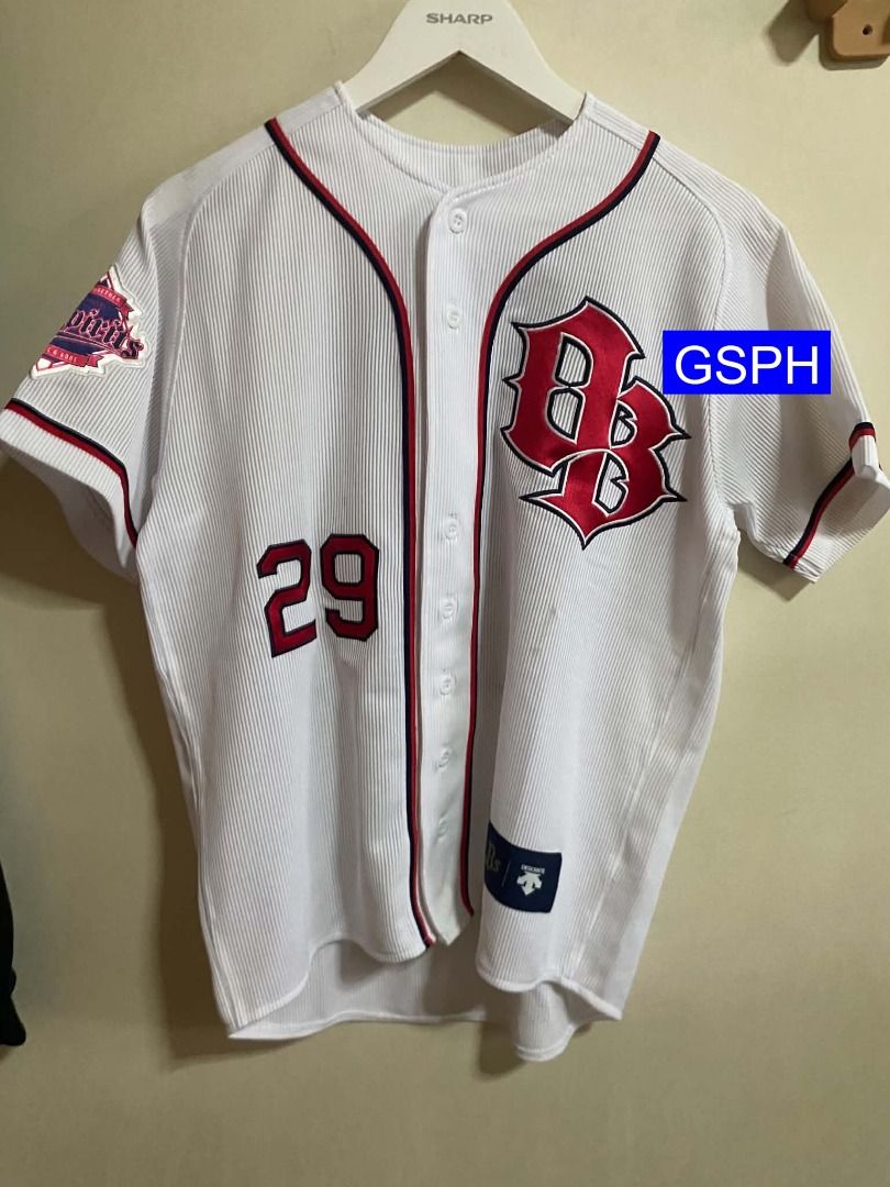 Authentic Orix Buffaloes Daiki Tajima #29 Baseball Jersey (Category: Activewear) located in Makati City. Submitted by goodiesstuff_ph_17119811 (Listing ID 1466430007, Image 1). Description: Bought this by my aunt back in Japan as a souvenir on 2018, never been worn because it was too big for me. - Authentic 2018 Orix Buffaloes home baseball jersey - White design with stylish red and navy trim - Daiki Tajima name and number 29 fully stitched on th