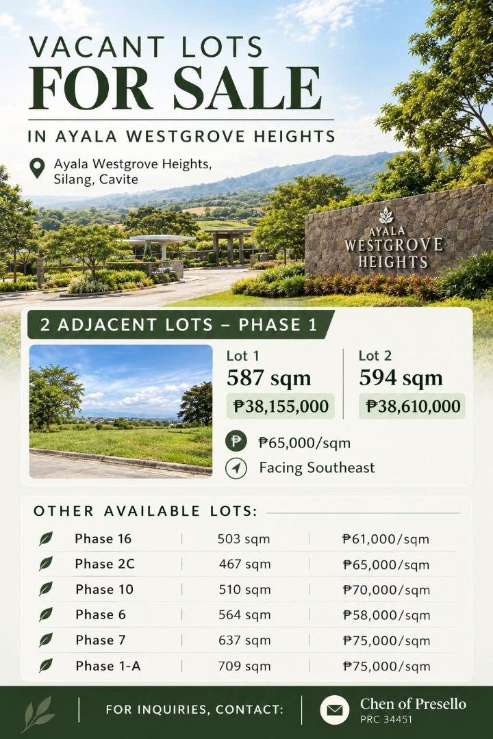 Ayala Westgrove Vacant Lot (Category: Lot) located in Taguig. Submitted by presello.chen (Listing ID 1466420758, Image 1). Description: ✨️AVAILABLE VACANT LOTS IN AYALA WESTGROVE HEIGHTS, SILANG CAVITE✨️ 📍 Ayala Westgrove Heights, Silang, Cavite 2 ADJACENT LOTS – PHASE 1 • Lot 1: 587 sqm — ₱38,155,000 • Lot 2: 594 sqm — ₱38,610,000 • ₱65,000/sqm • Facing Southeast OTHER AVAILABLE LOTS: • Phase 16 — 503 sqm | ₱61,000/sqm • Phase 2C— 467 sqm | ₱65
