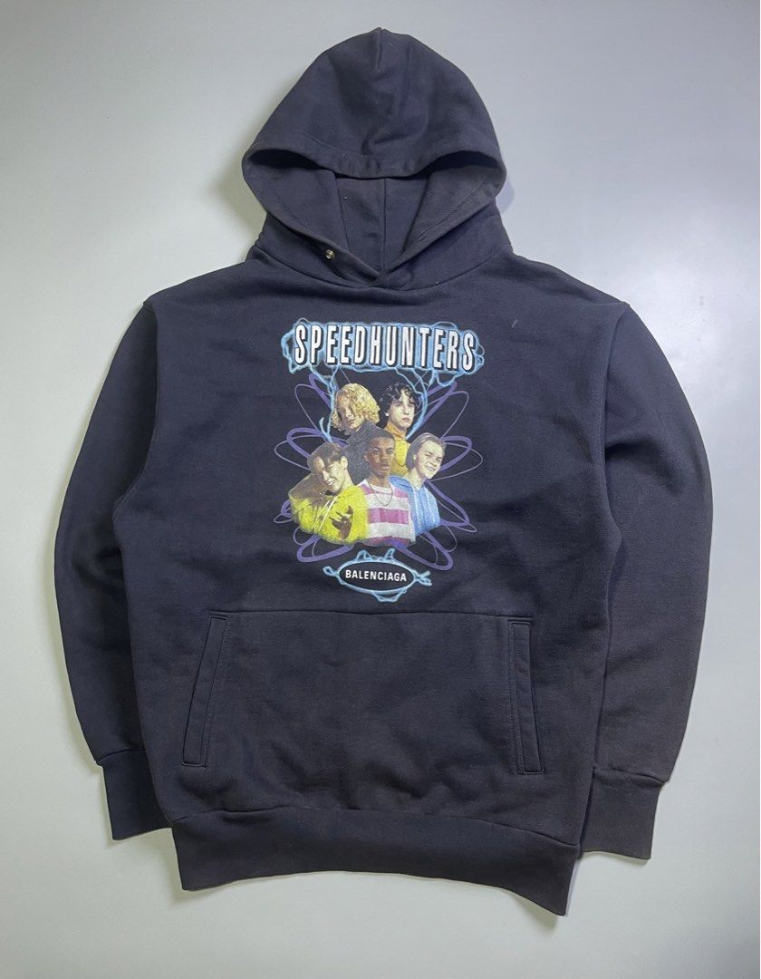 Balenciaga Speedhunters (Category: Hoodies) located in Zamboanga. Submitted by laffthrift_23 (Listing ID 1466526430, Image 1). Description: - Balenciaga Speedhunters hoodie in washed black - Oversized fit silhouette with heavyweight cotton fleece - Bold boyband graphic print on the front chest - Features a classic kangaroo pocket, ribbed cuffs, and hem - Condition: Brand new / Excellent (ready to ship) - Width 26 - Length 33.