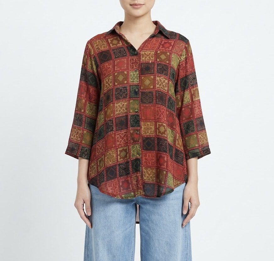 Bam Bam Red Geometric Patchwork Pattern Polo Longsleeve (Category: Shirts) located in Caloocan City. Submitted by declutteringph. (Listing ID 1466398286, Image 1). Description: No Size on the tag! Measurements: Dimensions: (inches) Shoulder Width: 19” Bust Width: 20” Body Length: 3526” | Back: 30” Sleeves Length: 19” .