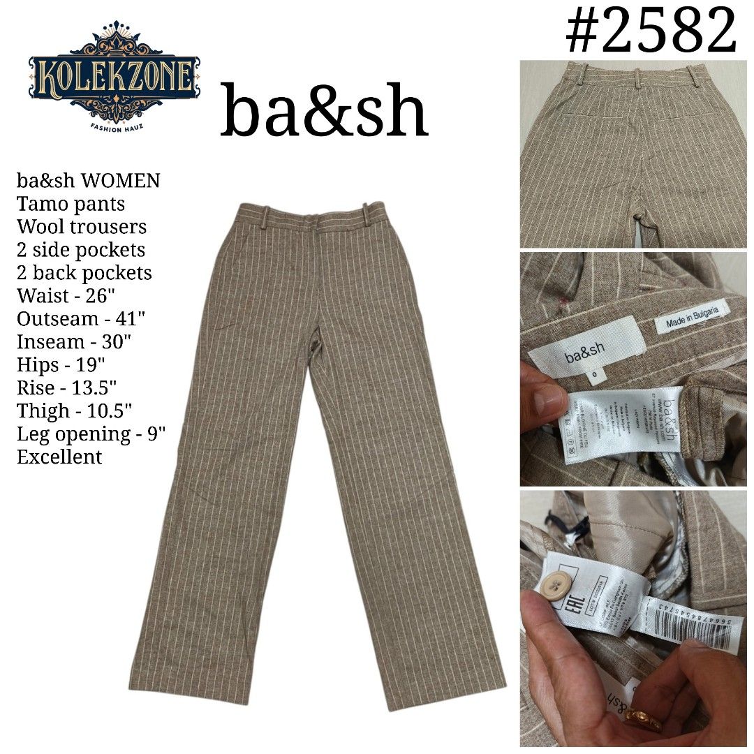 ba&sh Tamo Pants Wool Trousers Size 0 (Category: Trousers) located in Nasugbu. Submitted by staffpicks1515 (Listing ID 1466401088, Image 1). Description: Ba&sh Tamo pants in brown with white pinstripes. Wool blend material. Tailored fit with belt loops, front zip closure with button, two side pockets, and two back pockets. Made in Bulgaria. Size 0. Waist measures 26 inches, outseam 41 inches, inseam 30 inches, hips 19 inches, rise 13.5 inches, th