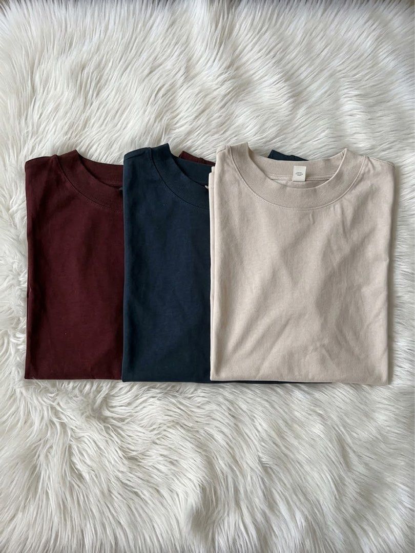 Basic Crew Neck T-Shirts Bundle (Maroon, Navy, Beige) (Category: Shirts) located in Bulacan. Submitted by iamsagitarrius (Listing ID 1466426260, Image 1). Description: - Bundle includes 3 basic crew neck t-shirts (Maroon, Navy, Beige) - Classic fit with short sleeves and comfortable ribbed neckline - Made of soft, breathable cotton fabric ideal for daily wear - Brand new with tags still attached inside the collar - Great value bundle to upgrade y