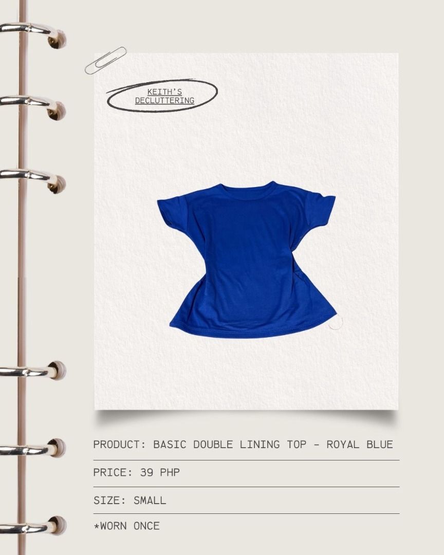 Basic Double Lining Top Royal Blue Small (Category: Sleeveless) located in Dasmarinas. Submitted by skitkatya (Listing ID 1466384232, Image 1). Description: - Color: Royal blue - Size: Small (fits nicely) - Condition: Worn once, practically brand new - Features: Double lining, simple style - Styling: Great for casual days, layering, and easy to match with jeans or skirts.