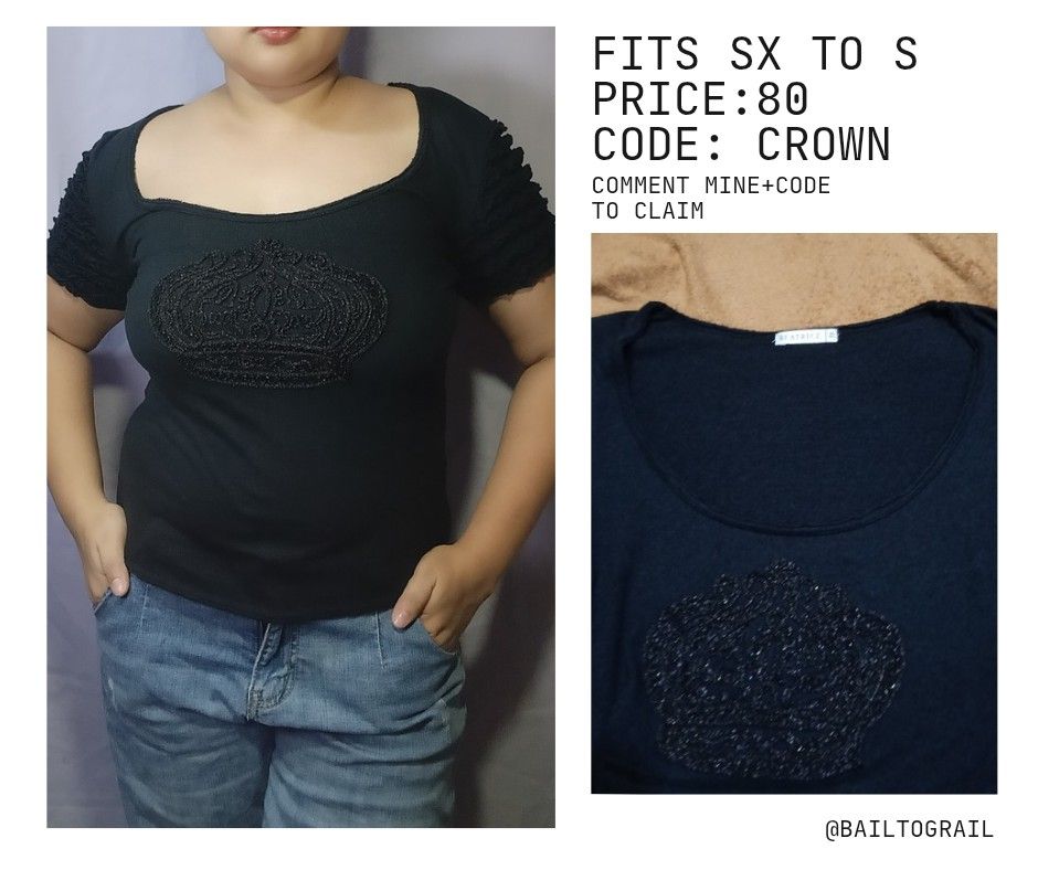 Beaded Crown Black Scoop Neck Top (Category: Others Tops) located in Caloocan City. Submitted by bailtograil (Listing ID 1466498153, Image 1). Description: Great pre-loved condition stylish black top featuring an elegant beaded crown center design and textured, ruched short sleeves. A versatile piece that adds a touch of glam to a casual or edgy look. 👕 Product Details Design: Front features a detailed, tonal black beaded crown emblem; classic w