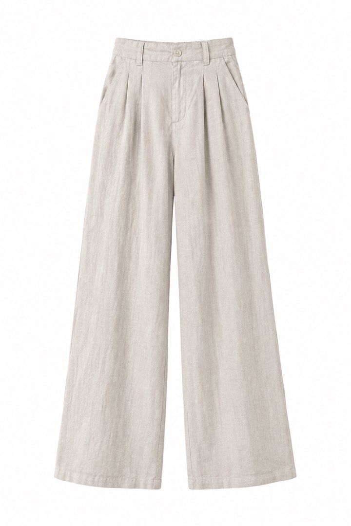 Beige high-waisted wide-leg pleated linen trousers (Category: Trousers) located in Makati City. Submitted by itssharc (Listing ID 1466549607, Image 1). Description: - Color: Light beige (neutral and easy to match) - Fit: High-waisted with trendy wide legs - Design: Pleated front with belt loops - Closure: Secure zipper fly and button - Pockets: Functional side pockets on both hips - Fabric: Breathable and comfortable texture.