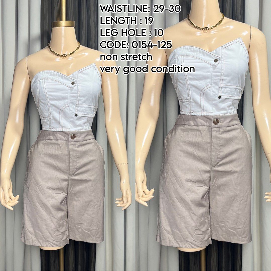Beige shorts with structured waistband and button closure (Category: Shorts) located in Naga. Submitted by rmapprl (Listing ID 1466493610, Image 1). Description: - Color: Beige - Condition: Very good - Material: Non-stretch fabric with a structured fit - Waistline: 29 to 30 inches - Length: 19 inches - Leg Hole Opening: 10 inches - Details: Clean front button closure - Item Code: 0154-125.
