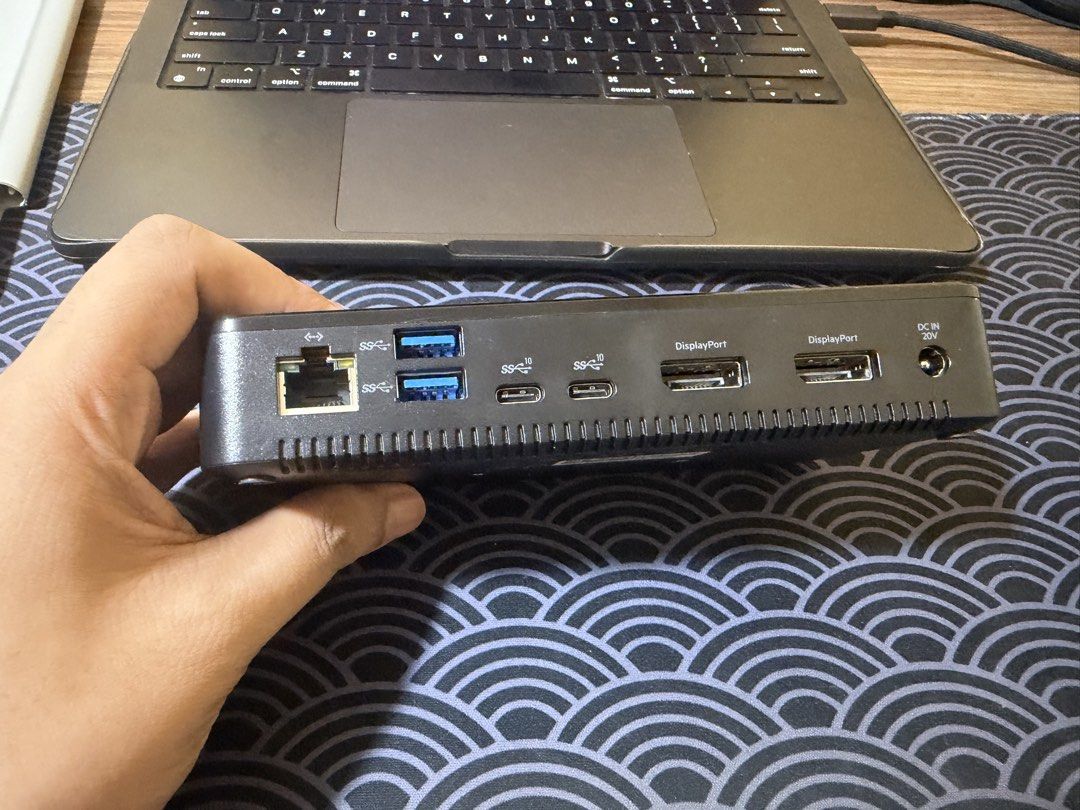 Belkin Thunderbolt 3 Dock Plus F4U109 (Category: Cables & Adaptors) located in Santa Cruz. Submitted by dcbacarro (Listing ID 1466523563, Image 1). Description: - Model: Belkin Thunderbolt 3 Dock Plus (F4U109) - Color: Sleek black finish - Condition: Clean unit with legible bottom label - Back Ports: Ethernet, USB-A, USB-C, dual DisplayPort, and power input - Front Ports: USB-C, USB-A, and audio jack - Perfect for expanding laptop connectivity an