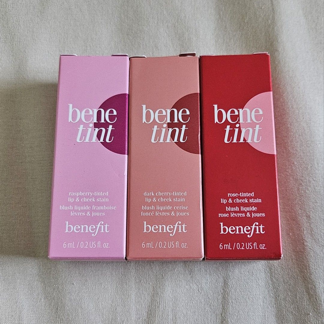 Benefit Benetint Lip & Cheek Stain (Category: Makeup) located in Taguig. Submitted by mesimpleshop (Listing ID 1466414036, Image 2). Description: - Authentic Benefit Benetint Lip & Cheek Stain - Available in 3 shades: Original Rose, Raspberry, and Dark Cherry - Size: 6 mL / 0.2 US fl. oz. per bottle - Condition: Brand new, unopened with intact outer boxes - Long-lasting, natural-looking tint for lips and cheeks - Perfect for gifting or sharing wi
