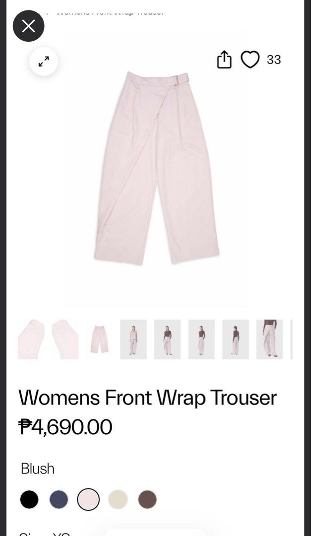 Beyond The Vines Womens Front Wrap Trouser Blush (Category: Jeans) located in Rizal. Submitted by minnieee1058 (Listing ID 1466467312, Image 2). Description: - Color: Blush (soft pastel pink) - Fit: Wide leg silhouette with asymmetric wrap front - Details: Side buckle waist closure - Styling: Versatile for both casual and dressed-up outfits - Original Retail Price: PHP 4,690.00 BRAND NEW WITH TAGS & NEVER BEEN USE .