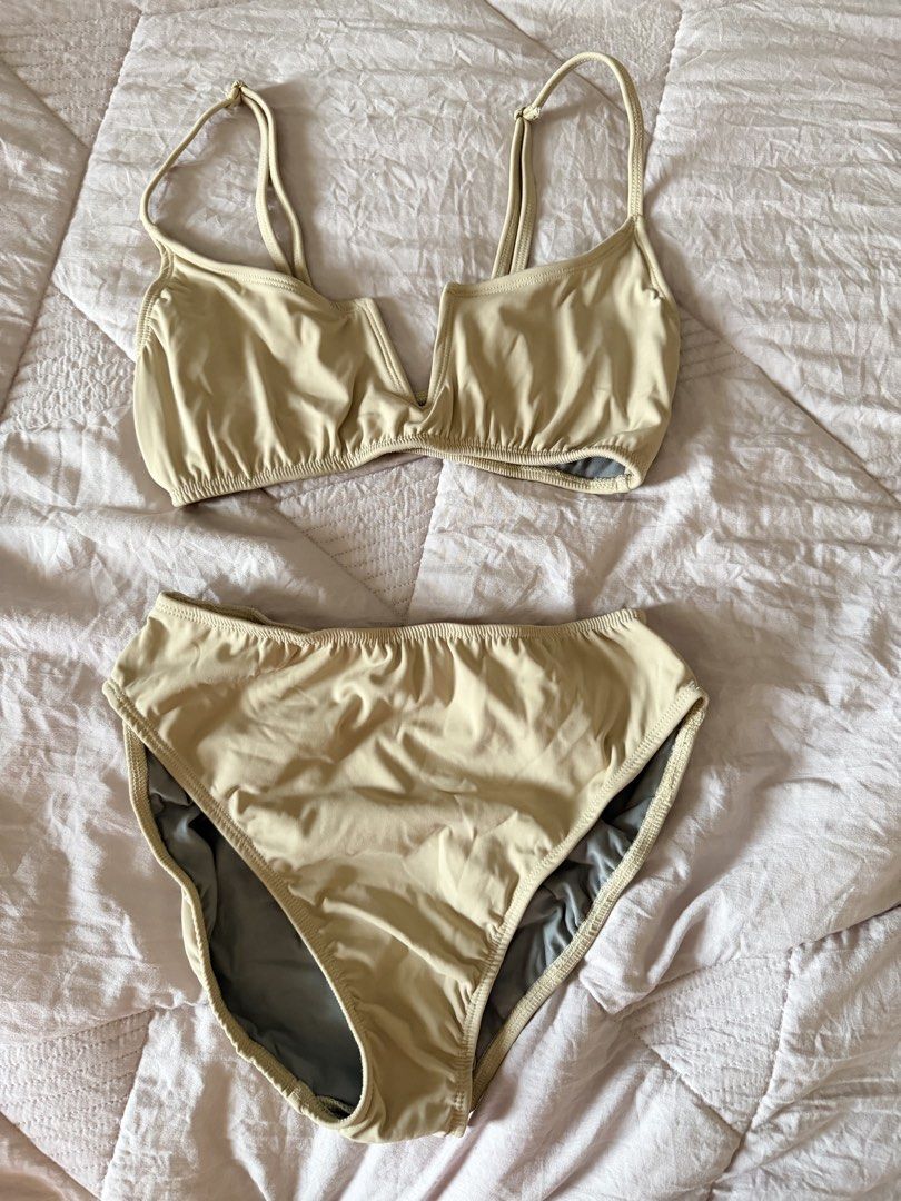 Bikini Sets Bundle Three Pieces Women Swimwear (Category: Bikinis & Swimsuits) located in Taytay. Submitted by gvccloset (Listing ID 1466352465, Image 2). Description: - Set of 3 trendy bikini sets for one great price - 1st set: White one-shoulder top with matching bottoms - 2nd set: Beige strapped top with flattering high-waisted bottoms - 3rd set: Ribbed pinkish-brown set with adjustable straps - All pieces feature flattering high-waisted cuts 