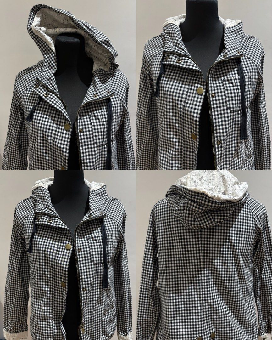 Black and White Gingham Hooded Jacket with Lace Lining (Category: Coats, Jackets and Outerwear) located in Manila. Submitted by mpt99876 (Listing ID 1466519427, Image 1). Description: .