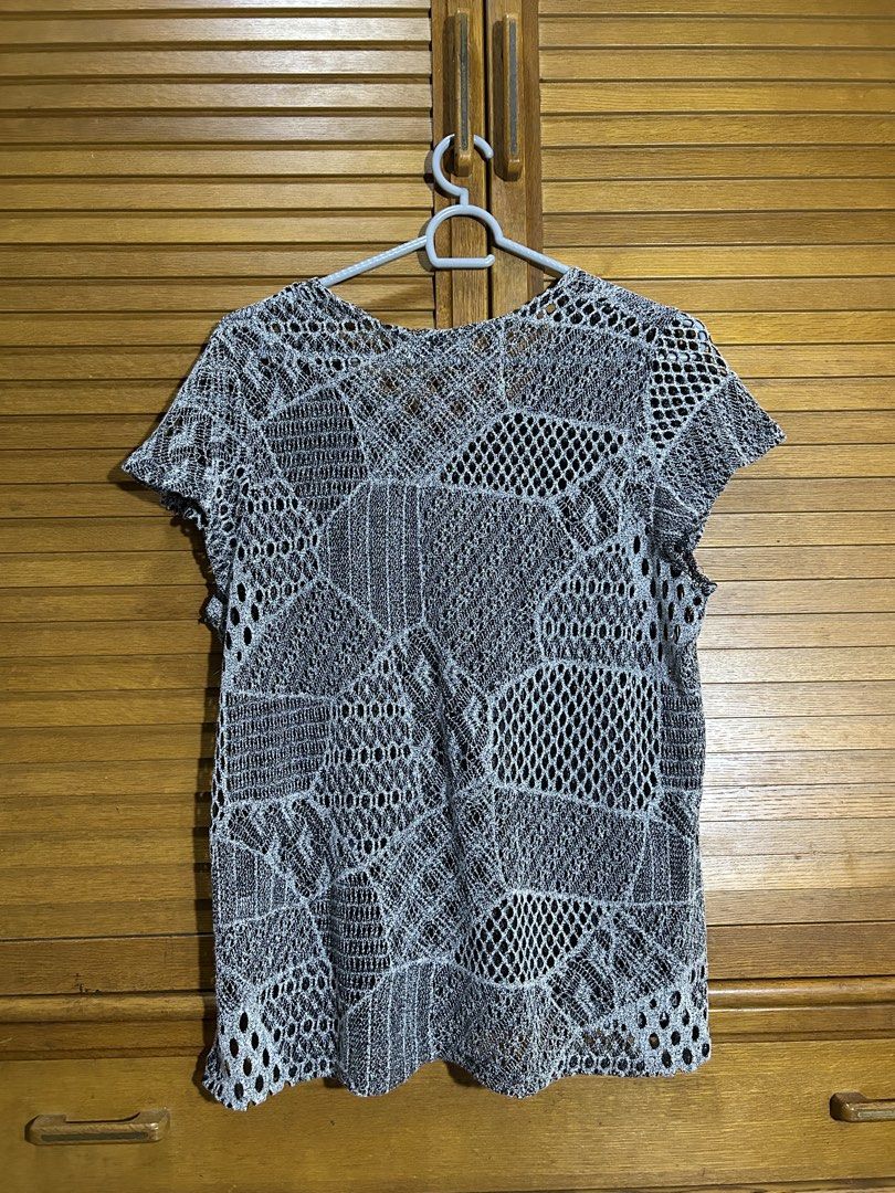 Black and white patterned knit mesh short sleeve top (Category: Blouses) located in Manila. Submitted by quincy.67 (Listing ID 1466446420, Image 2). Description: - Style: Black and white knit mesh top - Details: V-neckline, short sleeves, geometric open-work crochet pattern all over - Fabric: Semi-sheer, lightweight, and breathable - Fit: Great layering piece - Condition: Excellent, ready to wear.