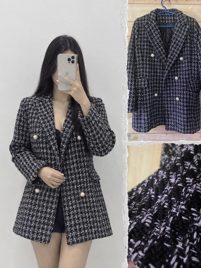 Black and White Tweed Double-Breasted Blazer Jacket (Category: Coats, Jackets and Outerwear) located in Manila. Submitted by coolflower-e6627b (Listing ID 1466446344, Image 1). Description: - Style: Double-breasted black & white tweed blazer with structured shoulders - Details: Elegant pearl-like buttons on the front and cuffs, plus two front pockets - Fabric: Premium mixed yarn textured tweed - Fit: Slightly longer length, perfect for layering -