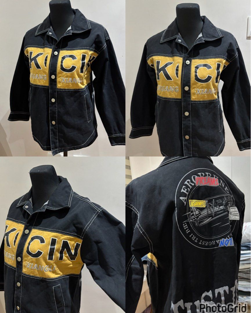 Black and Yellow Graphic Denim Jacket (Category: Coats, Jackets and Outerwear) located in Manila. Submitted by mpt99876 (Listing ID 1466519172, Image 1). Description: - Style: Bold black streetwear jacket with striking yellow chest panel - Design: Large white 'KICIN XIANGGLI' front text and statement aeroplane graphic with 'Aeroprene' print on the back - Details: Contrast white stitching, snap button closure, and functional side pockets - Fit: Lo