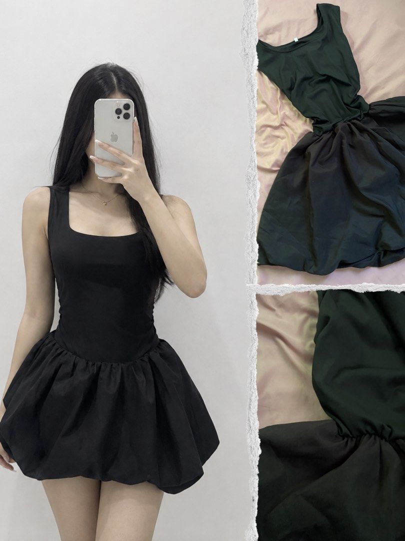 Black Bubble Hem Square Neck Mini Dress (Category: Dresses) located in Manila. Submitted by coolflower-e6627b (Listing ID 1466446254, Image 1). Description: - Color: Black - Style: Fit and flare mini dress with square neckline and wide straps - Details: Flared bubble hem skirt, smooth fabric with a slight sheen - Condition: Worn once, excellent shape - Best for: Nights out, parties, and dates.